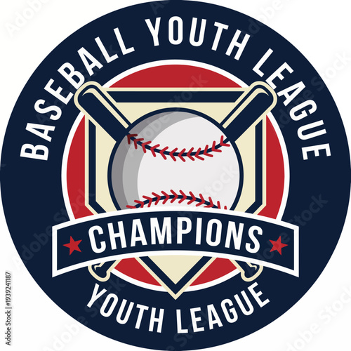 This vibrant badge design features baseball elements symbolizing youth sports spirit and teamwork, making it ideal for representing champions in youth leagues and tournaments.