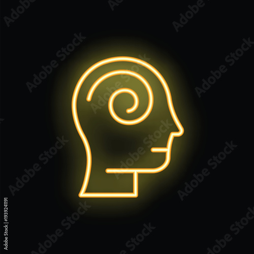 Neon sign depicting a human head with a spiral inside, representing mental health issues and the need for support