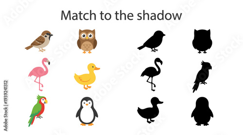 Colorful animal shadow matching game with illustrations and silhouettes  