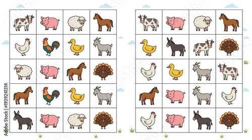 Two identical animal matching games with farm animals and birds  