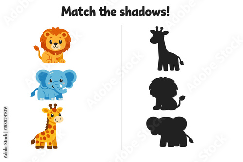 Cartoon animals with shadows for matching activity in playful design  