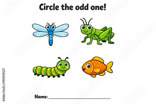 Cartoon insects and fish in educational game to circle the odd one  