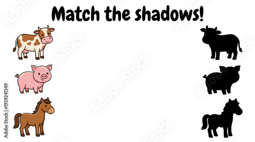 Farm animals puzzle for kids with matching shadows illustration  
