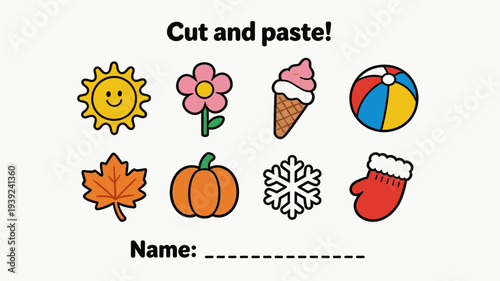 Colorful cut and paste activity sheet with seasonal icons  