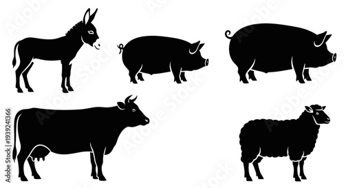 Farm Animals Silhouettes Collection: Donkey, Pigs, Cow, and Sheep Icons
