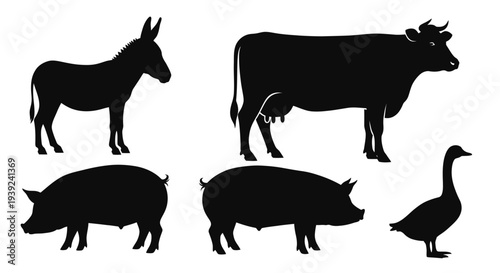 Farm Animals Silhouettes Collection: Donkey, Cow, Pigs, and Goose Livestock Set
