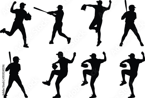 Eight dynamic black silhouette illustrations of baseball players in mid-action, showcasing pitching, batting, and fielding poses against a clean white backdrop.