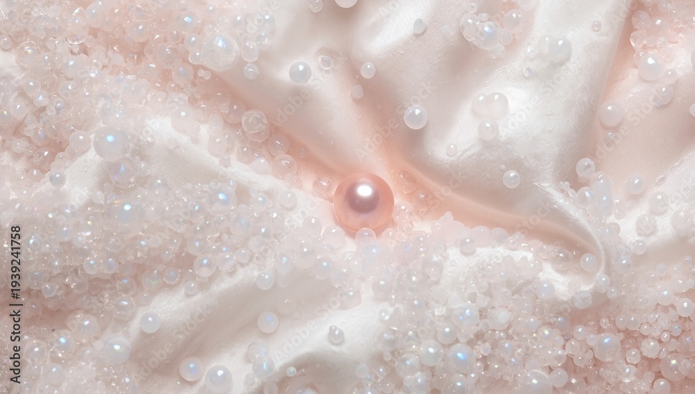 Fototapeta premium Close-up view of a smooth pearl nestled among iridescent beads on a soft, textured fabric with a blush tone, creating an elegant and luxurious ambiance