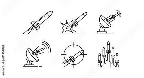 Rocket Launch and Radar Icons Set.