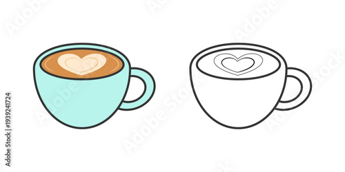 Coffee cup with latte art in colorful and bright options, perfect for design and coloring