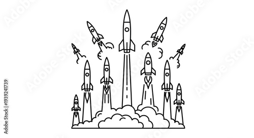 Multiple rockets launching into the sky with smoke trails.