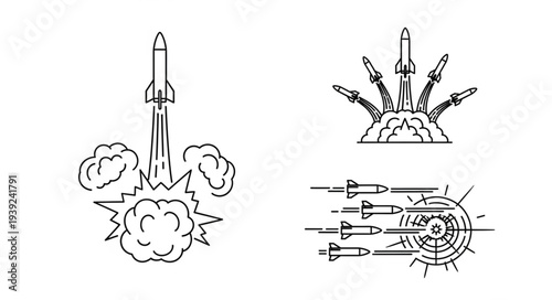 Rocket launch and missile attack vector art illustration.