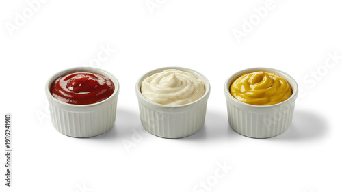 Trio of condiments in white ramekins ketchup mayonnaise