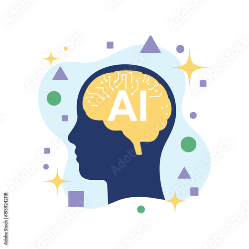 Artificial Intelligence Brain Concept – Human Head with AI Neural Network Vector Illustration