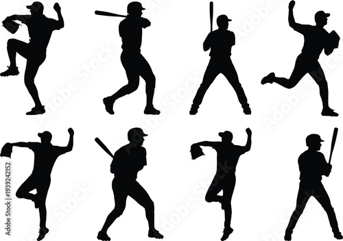 Dynamic silhouettes of baseball players in action, capturing pitching, batting, and fielding poses on a clean white background.