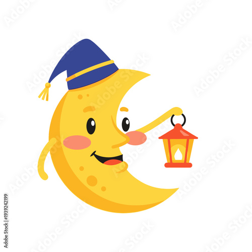 Crescent Moon Character with Lantern.