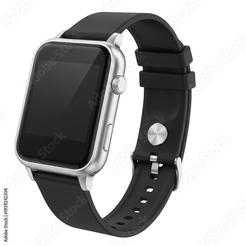 Modern smartwatch with black strap and silver frame isolated on transparent background