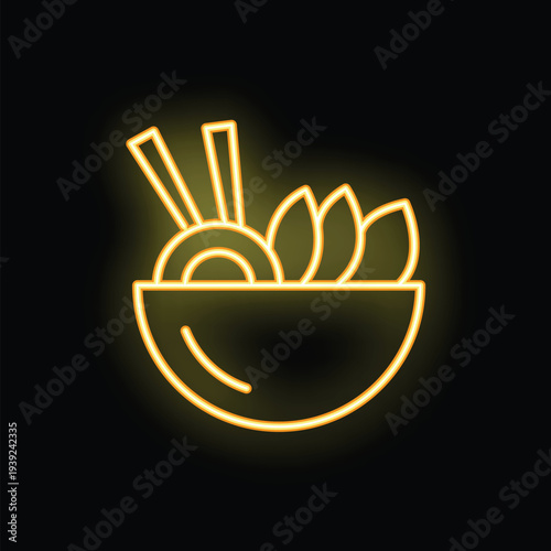 Neon sign depicting a bowl of food with chopsticks, bathed in a warm, inviting glow, evokes the flavors of asian cuisine