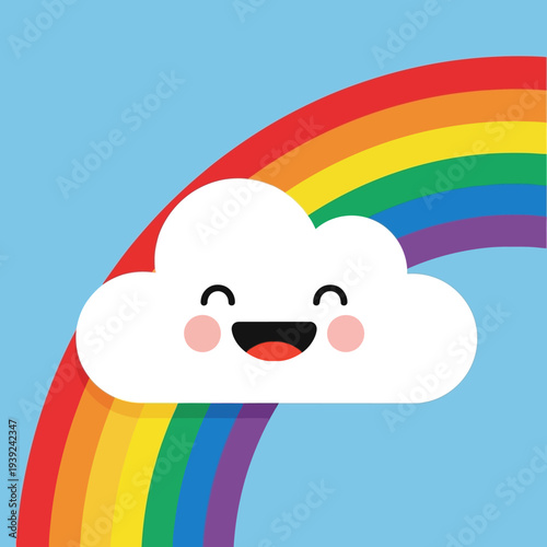 Happy Cartoon Cloud with Rainbow Behind.