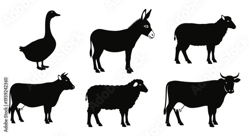 Farm Animals Silhouettes Collection: Goose, Donkey, Sheep, and Cows