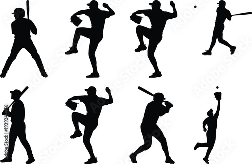 Set of eight black silhouette graphics of baseball players, demonstrating various actions such as pitching, batting, and catching a ball, on a white background.