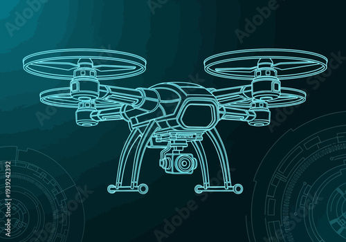 Futuristic drone line art illustration with glowing cyan outline on dark background