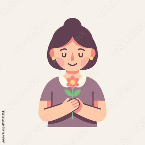 Woman Holding Flower with Closed Eyes.