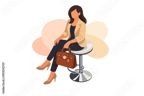 Businesswoman sitting on stool holding briefcase illustration.
