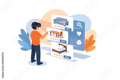Man using virtual reality headset to shop for furniture online.