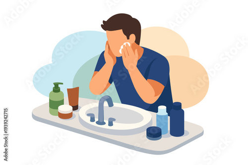 Man washing face with towel at sink with skincare products.