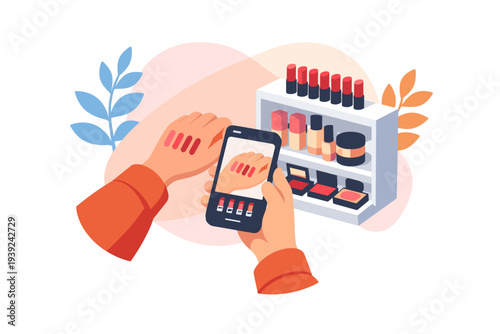 Person holding phone scanning makeup products on shelf.