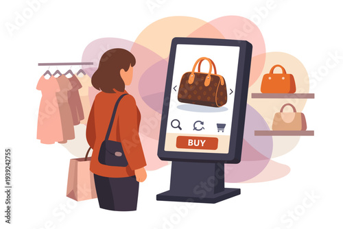 Woman Browsing Handbags on Digital Display in Store.