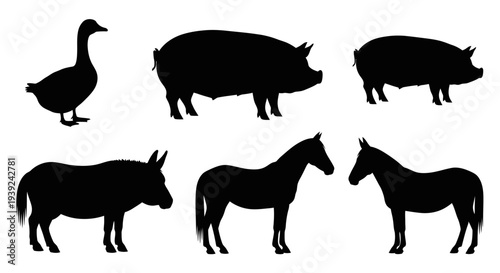 Farm Animals Silhouettes Collection: Goose, Pigs, Donkey, and Horses