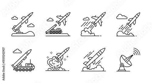 Collection of rocket launch and airplane icons with clouds.