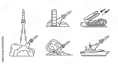 Collection of missile launch icons representing different types of missile systems.