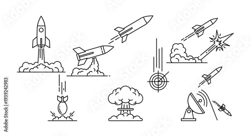 Collection of rocket and missile launch illustrations and icons.