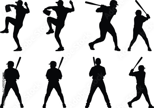 Eight distinct black silhouette graphics of baseball athletes in motion, illustrating pitching, batting, and throwing techniques on a white backdrop.