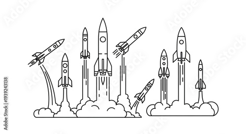Collection of rockets launching into space with smoke trails.