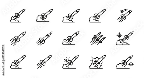 Collection of rocket launch icons in a simple line art style.