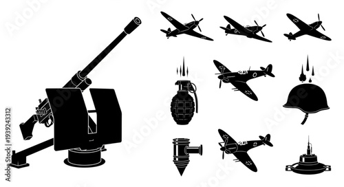 World War II Military Equipment Icons and Silhouettes.