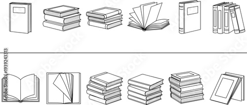 Set Of Simple Minimalist Book Illustrations Featuring Open Books Stacked Novels And Single Hardcovers For Educational Design And Library Reading