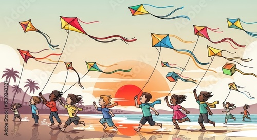 Diverse group of children joyfully flying numerous colorful kites along a tropical beach at sunset