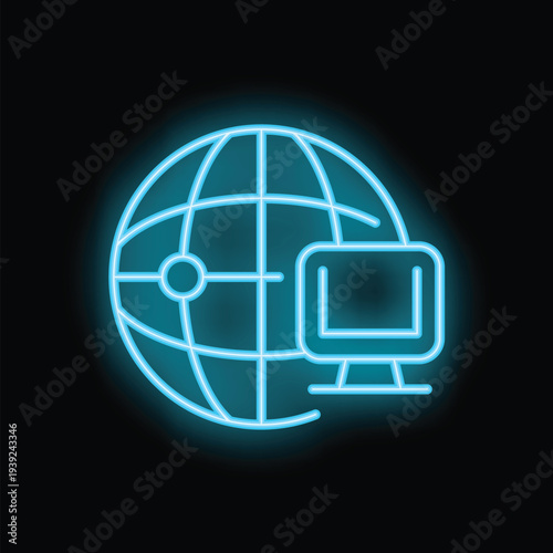 Glowing neon icon depicting a computer connecting to a global network, symbolizing internet access and global communication