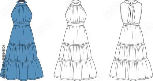 A light blue tiered maxi dress with a halter neckline and a bow detail at the back, shown with two white outline sketches on a white background