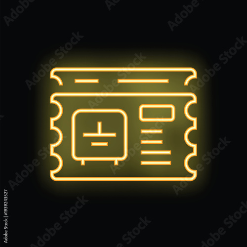 Simple yellow neon icon of an airplane ticket glowing on a black background
