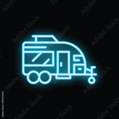 Blue neon icon of a camper trailer glowing on a black background