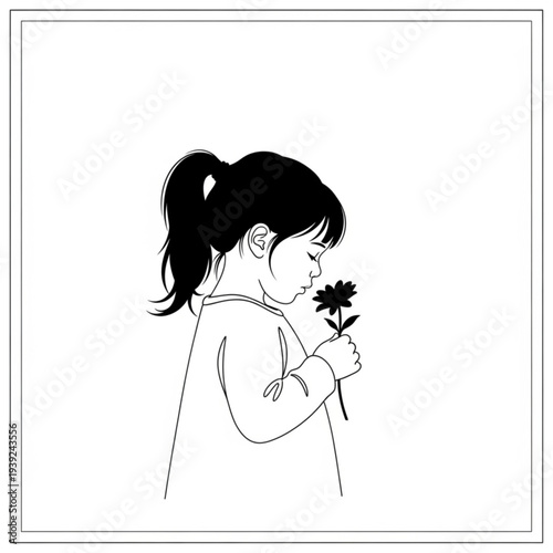 A minimalist line art illustration of a young girl smelling a flower