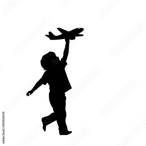 A silhouette of a child playing with a toy airplane on a white background