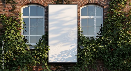Mockup with long vertical shop billboard located on the building facade with foliage of wine leaves
