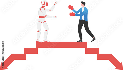 Businessman Boxing with Robot on Red Downward Bridge